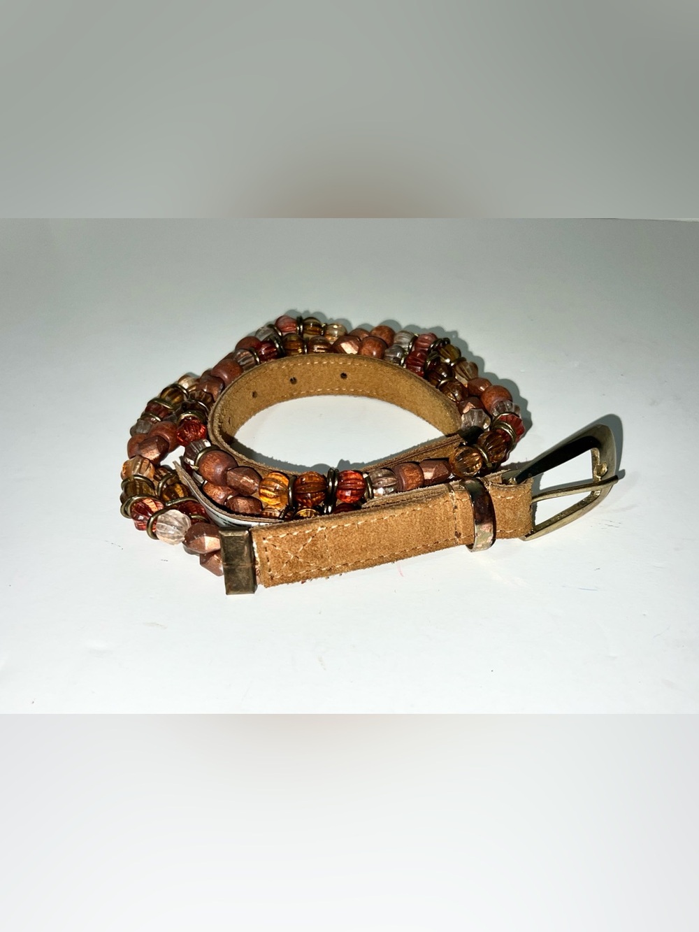 Free People Beaded Suede Leather Belt Bohemian Brown Bronze Wood Beads